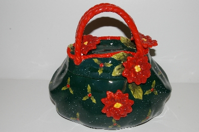 +MBA #S29-216   "Collectiable Green & Red Poinsetta Hand Bag Cookie Jar"