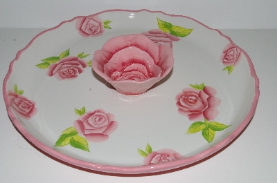 +MBA #S29-207   "White With Pink Roses  Zrike Everyday Rose Ceramic Chip & Dip Serving Platter"