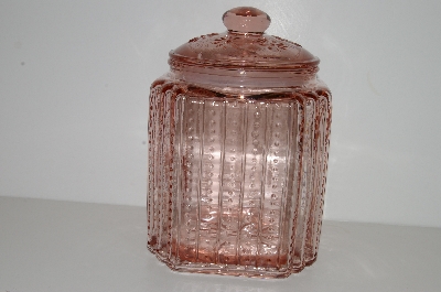 +MBA #S30-126   "2003 Hobnail & Floral Embossed Pink Glass Cansister Jar"