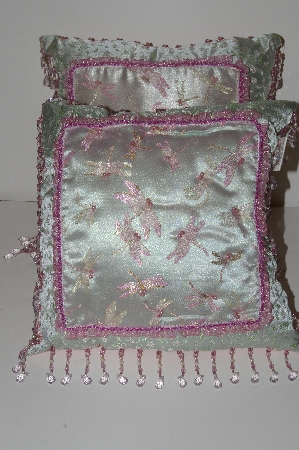 +MBA #S30-095   "2004  Set Of 2 Victorian Style Green & Pink Beaded Dragonfly Pillows"