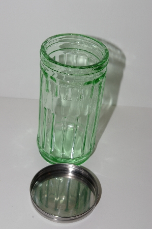 +MBA #S13-212   "2002 Depression Glass Green Storage Jar With Metal Lid"