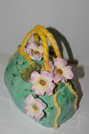 +MBA #S13-234     "Beautiful Green Three Demensional Floral Hand Bag Cookie Jar"