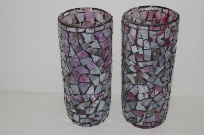 +MBA #S13-035  "Set Of 2 Confetti Pink Glass Mosiac Large Pillar Candle Holders"