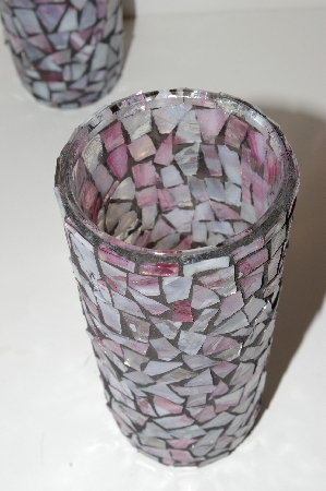 +MBA #S13-035  "Set Of 2 Confetti Pink Glass Mosiac Large Pillar Candle Holders"