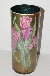 +MBA #S13-059    "1990's Hand Made Pink Floral Reverse Decopage Glass Large Vase"