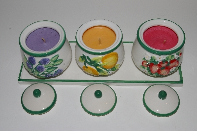 +MBA #S13-096   "2003 Set Of 3 Fruit Scented Candles In Hand Painted Ceramic Jars"