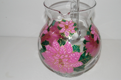 +MBA #S13-205   "1990's One Of A Kind Hand Painted Pink Poinsettia Glass Pitcher"