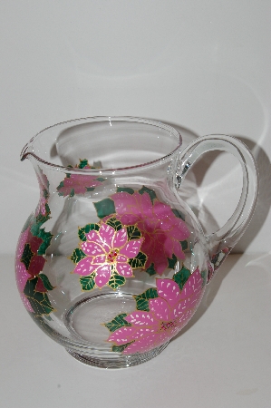 +MBA #S13-205   "1990's One Of A Kind Hand Painted Pink Poinsettia Glass Pitcher"