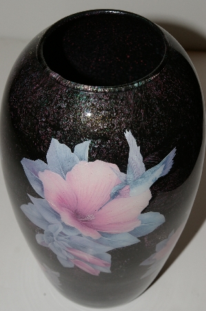 +MBA #S13-073   "One Of A Kind Pink Floral Hummingbird Reverse Decapage Glass Vase"