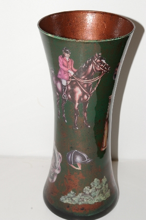 +MBA #S13-067  "1990's One Of A Kind Equestrian Style Reversed Decopage Glass Vase"