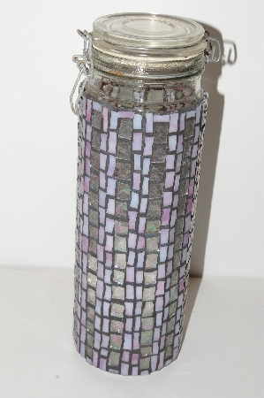 +MBA #S13-114   "Older Hand Made Pink & AB Clear Stained Glass Mosiac Large Glass Canister"