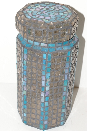 +MBA #S13-143   "Older Blue & Clear Stained Glass Mosiac Canister Jar"