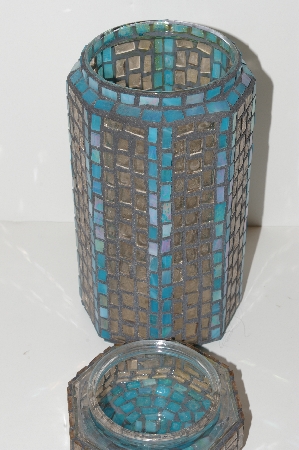 +MBA #S13-143   "Older Blue & Clear Stained Glass Mosiac Canister Jar"
