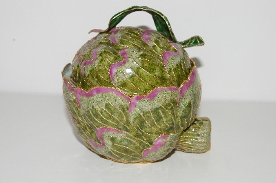 +MBA #S13-120   "Older Fancy Pink & Green Cloisonne Cabbage Trinket Box"