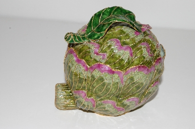 +MBA #S13-120   "Older Fancy Pink & Green Cloisonne Cabbage Trinket Box"