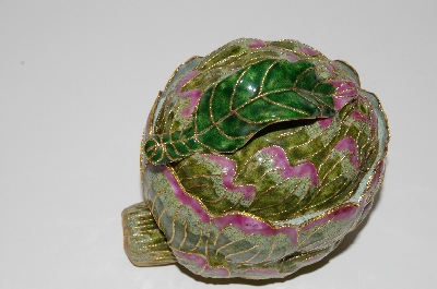 +MBA #S13-120   "Older Fancy Pink & Green Cloisonne Cabbage Trinket Box"
