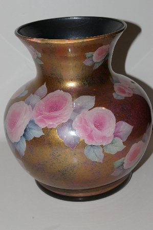 +MBA #S13-069  "1990's  Gold Pink Rose Reverse Decopage Glass Flower Vase"