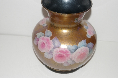 +MBA #S13-069  "1990's  Gold Pink Rose Reverse Decopage Glass Flower Vase"