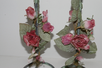 +MBA #S13-090  "1991 Set Of 2 Antiqued Green Metal & Rose Candle Holders"