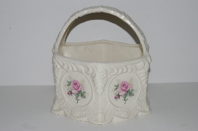 +MBA #S28-312    "Older Ceramic Pink Rose Lace Basket"