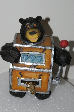 +MBA #S28-024   " 2005 Older Carved Resin Black Bear Slot Machine Bank"