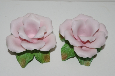 +MBA #S28-155  "2000 Pink Porcelain Pink Rose Candle Stick Holders"