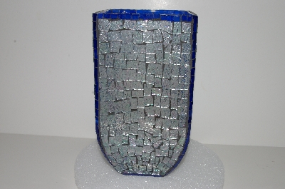 +MBA #S28-010   "Hand Made Fancy Clear & Blue Stained Glass Mosiac Vase"