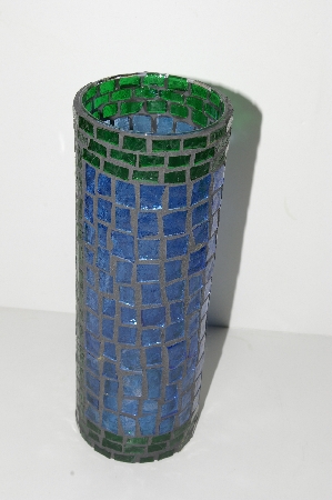 +MBA #S31-136  "Hand Made Fancy Blue & Green Stained Glass Mosiac Vase/Candle Holder"