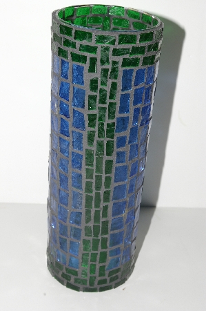 +MBA #S31-136  "Hand Made Fancy Blue & Green Stained Glass Mosiac Vase/Candle Holder"