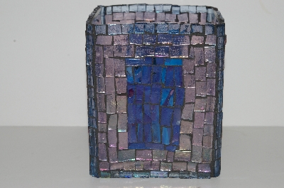 +MBA #S31-122   "Hand Made Pale Pink & Blue Stained Glass Square Mosiac Candle Holder"