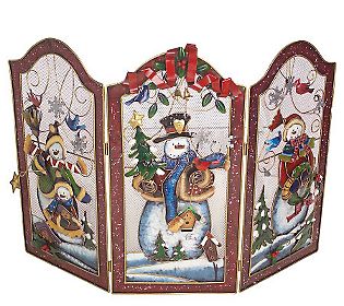 "SOLD"  MBA #S18-H81284  "Holiday Handpainted Decorative Tin Snowman Fireplace Screen"