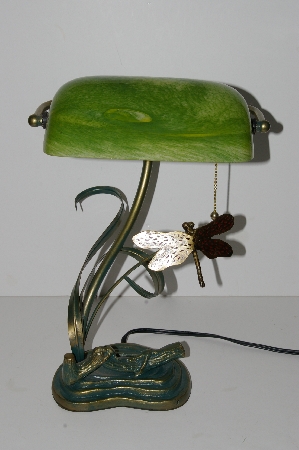 MBA #S19-056     "2003 Green Art Glass Banker Style Dragonfly Desk Lamp"