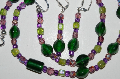+MBA #B1-165 "Green & Lavender Glass Bead Necklace & Earring Set"