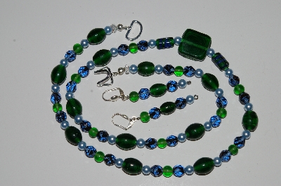 +MBA #B1-162  "Green & Blue Glass Bead Necklace & Earring Set"