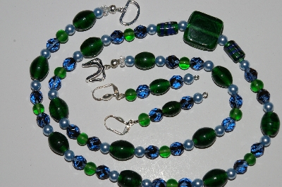 +MBA #B1-162  "Green & Blue Glass Bead Necklace & Earring Set"