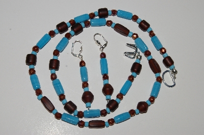 +MBA #B1-153   "Turquoise, Brown & Copper Glass Bead Necklace & Earring Set"