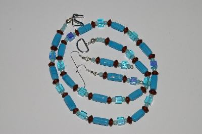 +MBA #B1-138  "Turquoise, Brown & Blue Glass Bead Necklace & Earring Set"