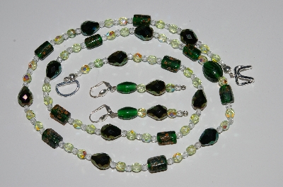 +MBA #B1-150  "Green, Light Green & Clear Glass Bead Necklace & Earring Set"
