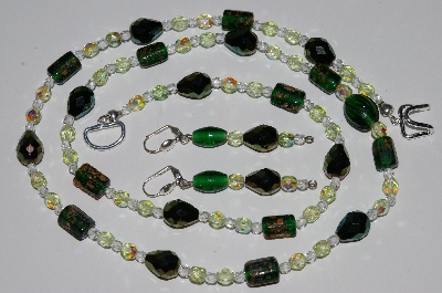 +MBA #B1-150  "Green, Light Green & Clear Glass Bead Necklace & Earring Set"