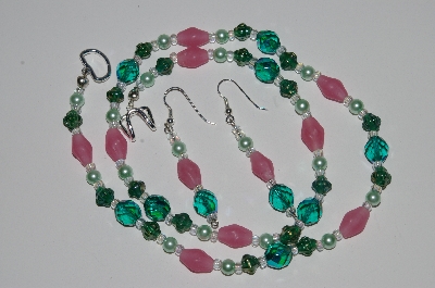 +MBA #B1-129   "Green & Pink Glass Bead & Crystal Necklace & Earring Set"