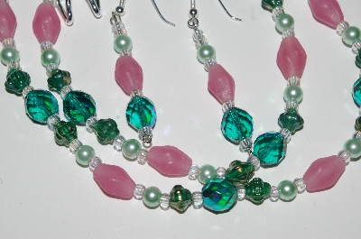 +MBA #B1-129   "Green & Pink Glass Bead & Crystal Necklace & Earring Set"