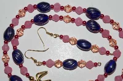 +MBA #B1-126  " Fancy Pink & Blue Glass Bead & Pearl Necklace & Earring Set"