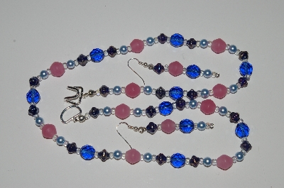 +MBA #B1-114   "Blue Pearl, Blue & Pink Glass Bead Necklace & Earring Set"