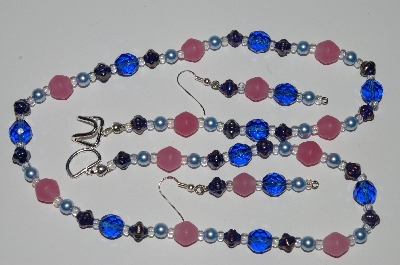 +MBA #B1-114   "Blue Pearl, Blue & Pink Glass Bead Necklace & Earring Set"