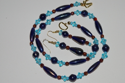 +MBA #B1-111   "Fancy Blue & Copper Colored Glass Bead Necklace & Earring Set"
