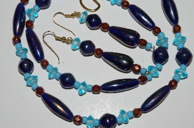 +MBA #B1-111   "Fancy Blue & Copper Colored Glass Bead Necklace & Earring Set"