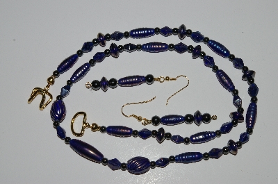 +MBA #B1-108   "Fancy Translucent Dark Blue Glass Bead & Hemalyke Bead Necklace & Earring Set"