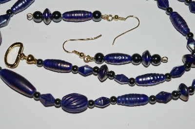 +MBA #B1-108   "Fancy Translucent Dark Blue Glass Bead & Hemalyke Bead Necklace & Earring Set"