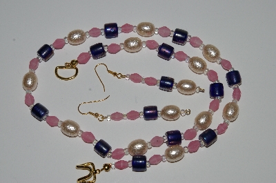 +MBA #B1-105   "Blue & Pink Glass Bead & Yellow Pearl Necklace & Earring Set"