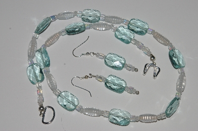 +MBA #B1-041  "Fancy Aqua Glass Bead & Clear Necklace & Earring Set"